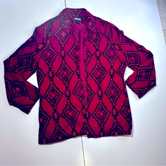 Kasper Red Southwestern Aztec Print Linen Rayon Blend Open Front Blazer Size 14 - Picture 2 of 14
